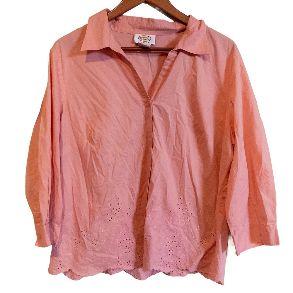 VTG Talbots Pink Eyelet Hem Button Down Shirt Blouse 100% Cotton Womens Plus X